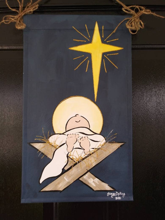 Jesus in Manger Christmas Door Religious Holiday Wreath