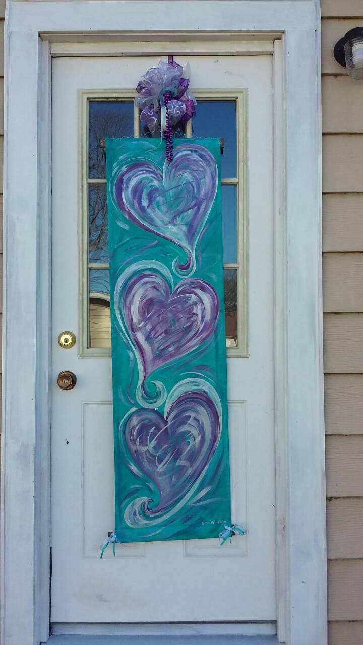 Three Hearts Door Hanger Turquoise & Purple Valentines Decor Wreath