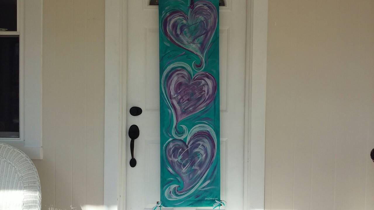 Three Hearts Door Hanger Turquoise & Purple Valentines Decor Wreath